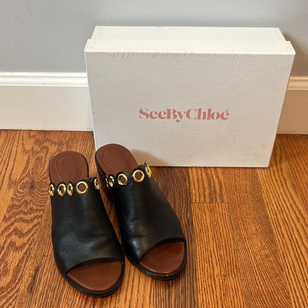 See By Chloe Black and Brown Mules with Gold Chain Detail